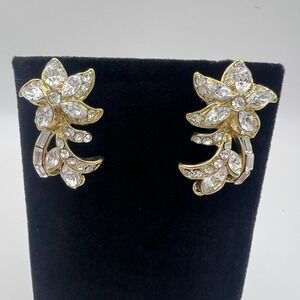 Vintage Convertible Rhinestone Floral Earrings Gold Tone Clip On to Pendant Pair